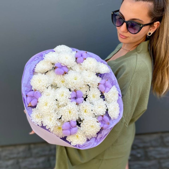  Букет  хризантем и хлопка в Нижневартовске